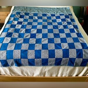 Vintage Handmade Twin Quilt Patchwork Shades of Blue Clean Small stains on back.